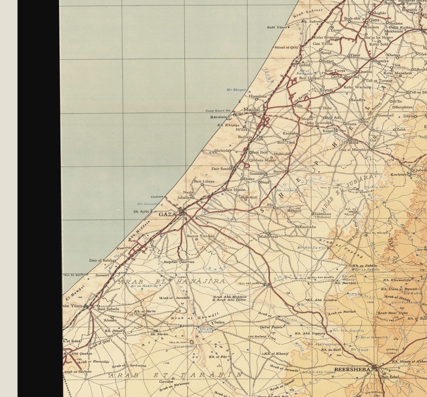 خريطة تاريخية لمنطقة غزة تُستخدم كمرجع بحثي
